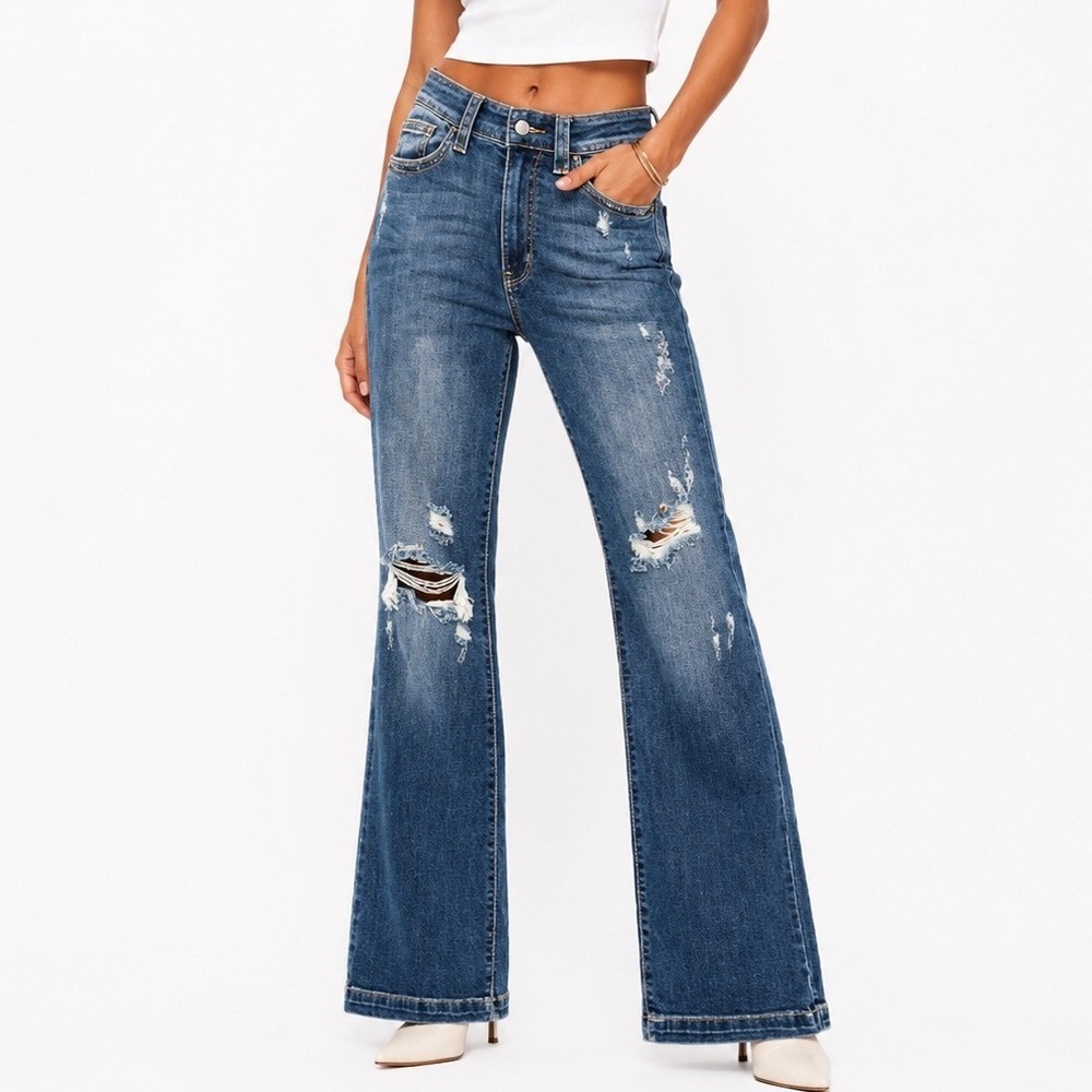 Judy Blue Western Boot Cut Distressed Boho Dark‎ Wash High Rise Jeans Size 1/25